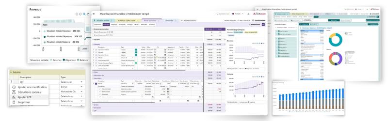 Interface du logiciel de planification financière TaxWare avec tableaux, graphiques et analyse financière